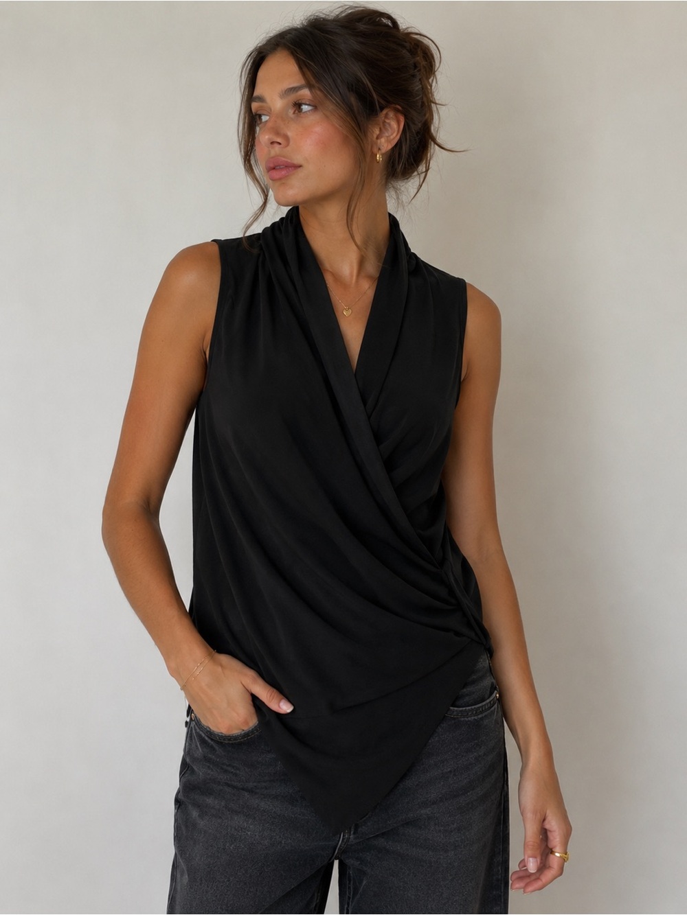 Fifteen Twenty Black Sleeveless V-Neck Draped Tunic